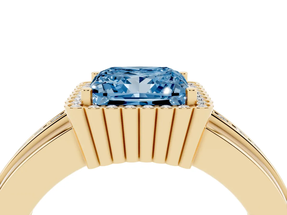 Fancy Blue Princess Cut Cut Halo Pave Band Four-Prong Ring Yellow gold