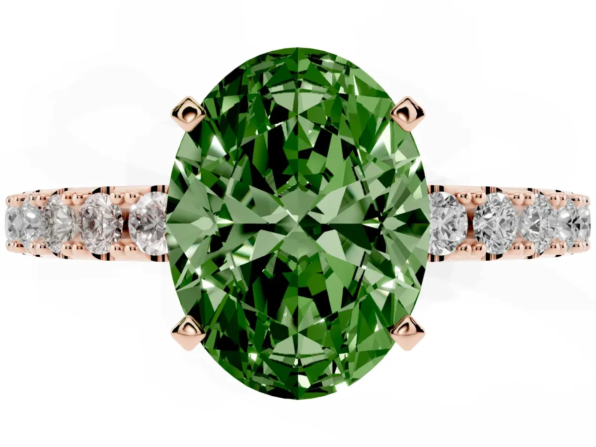 Fancy Green Oval Cut Diamond Solitaire Pavé Band with Four-Prong Setting Rose gold