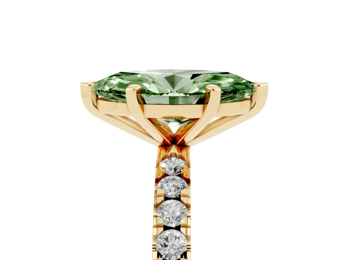 Fancy Green Marquise Cut Diamond Pavé Band Solitaire with Four-Prong Setting Yellow gold