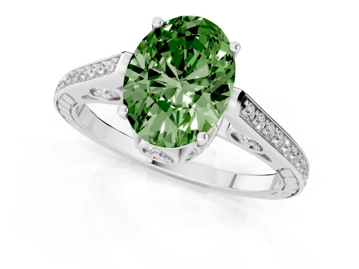 Fancy Green Oval Cut Cut Cathedral Pave Diamond Engagement Ring with Six-Prong Setting Silver