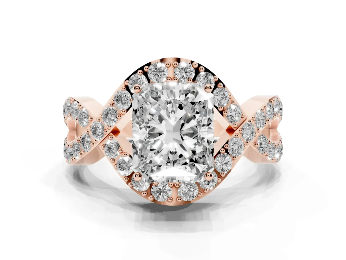 Radiant Cut Solitaire Twist Band Pavé Diamond Engagement Ring Rose gold