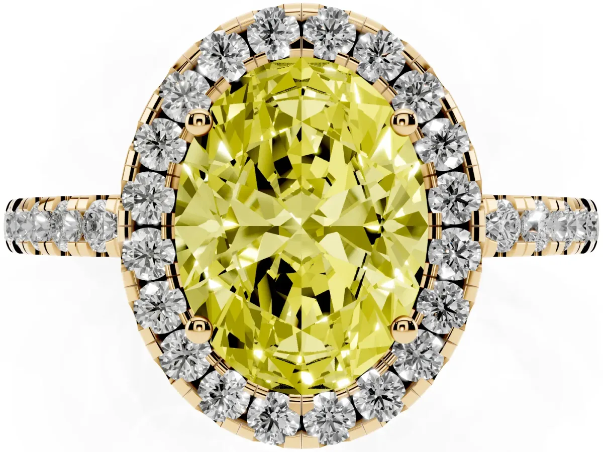 Fancy Yellow Oval Cut Halo Diamond Engagement Ring with Pavé Band and Four-Prong Setting Yellow gold
