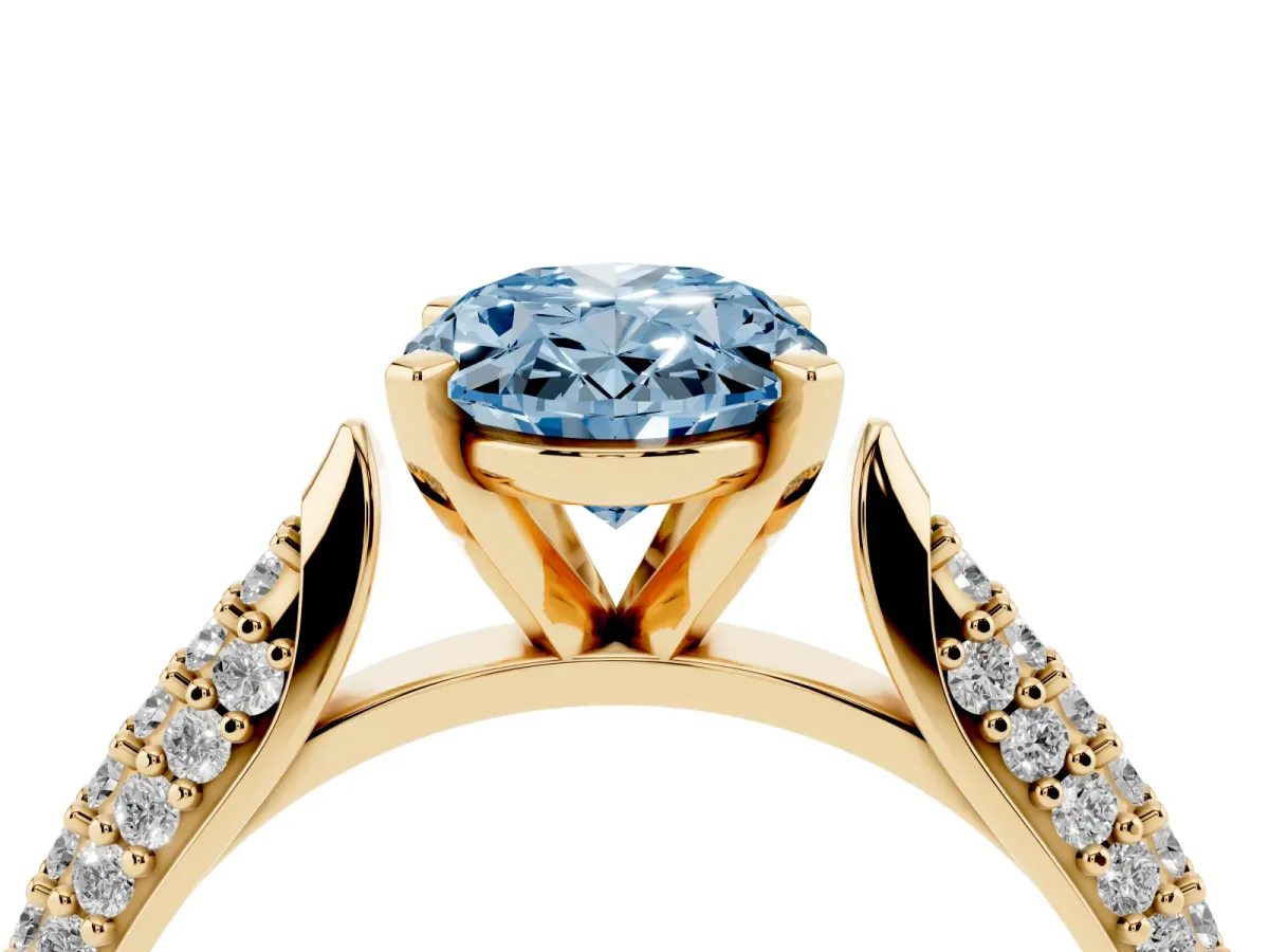 Fancy Blue Oval Cut Diamond Solitaire Engagement Ring with Multi-Row Round Pavé Band and Prong Setting Yellow gold