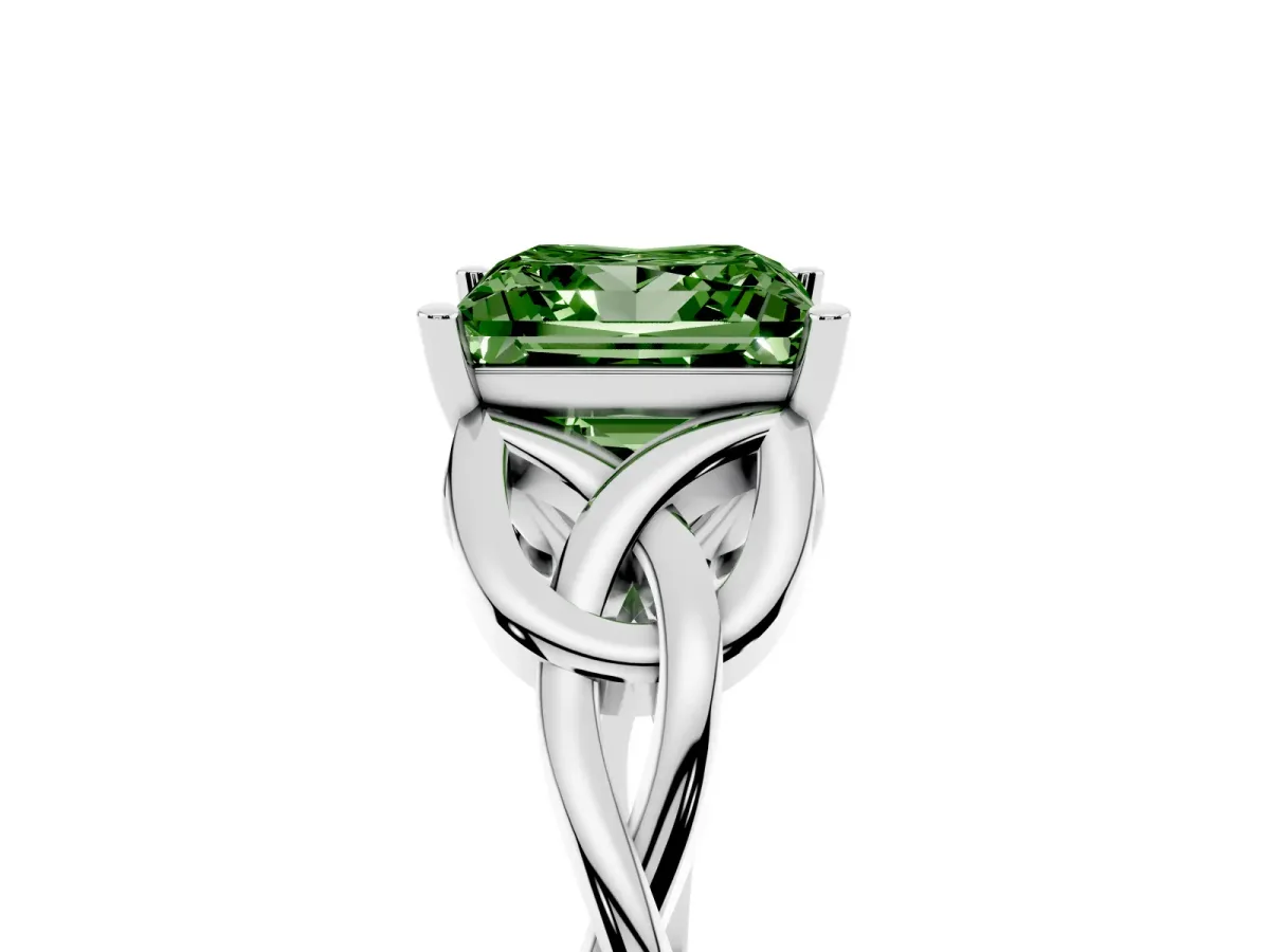 Fancy Green Princess Cut Diamond Solitaire Engagement Ring with Celtic Knot Band and Four-Prong Setting White gold