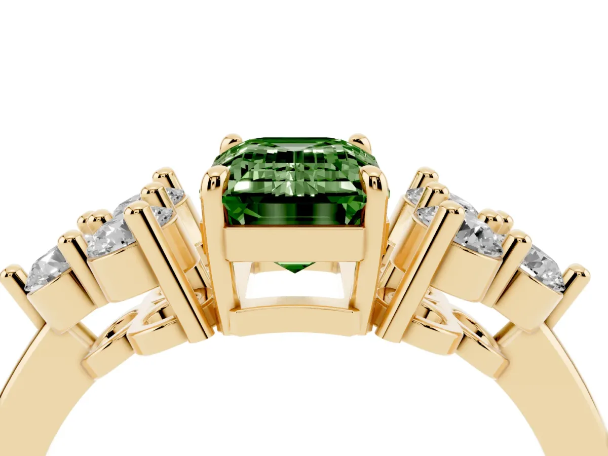 Fancy Green Emerald Cut Brilliant Diamond Cluster Accent Solitaire Ring with Prong Setting Yellow gold