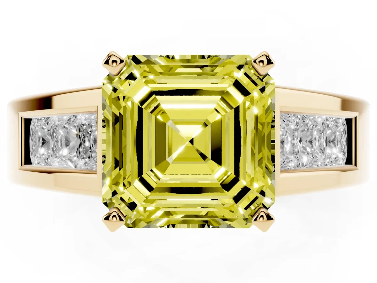 Fancy Yellow Asscher Cut Cut Channel Set Solitaire Ring with Four-Prong Setting Yellow gold