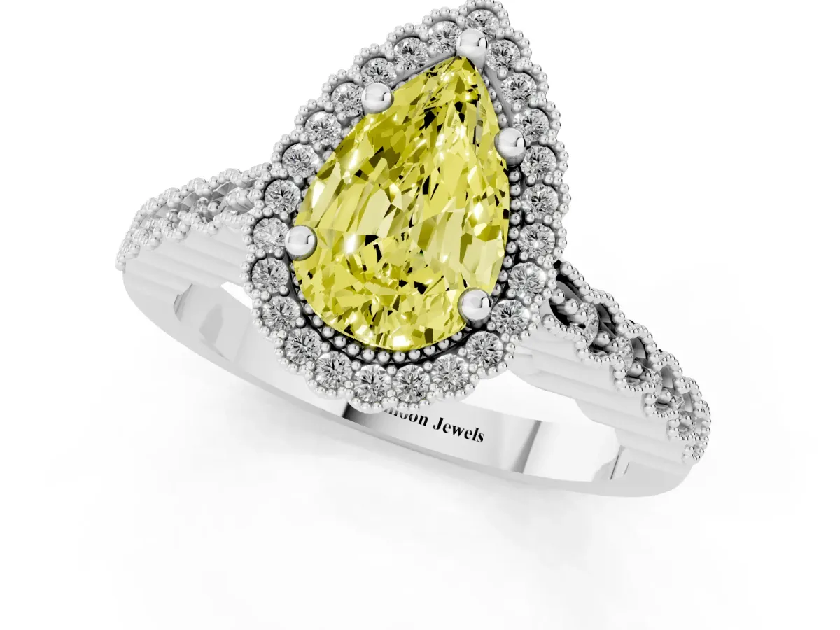 Fancy Yellow Pear Cut Cut Halo Pavé Solitaire Ring with Milgrain Band White gold