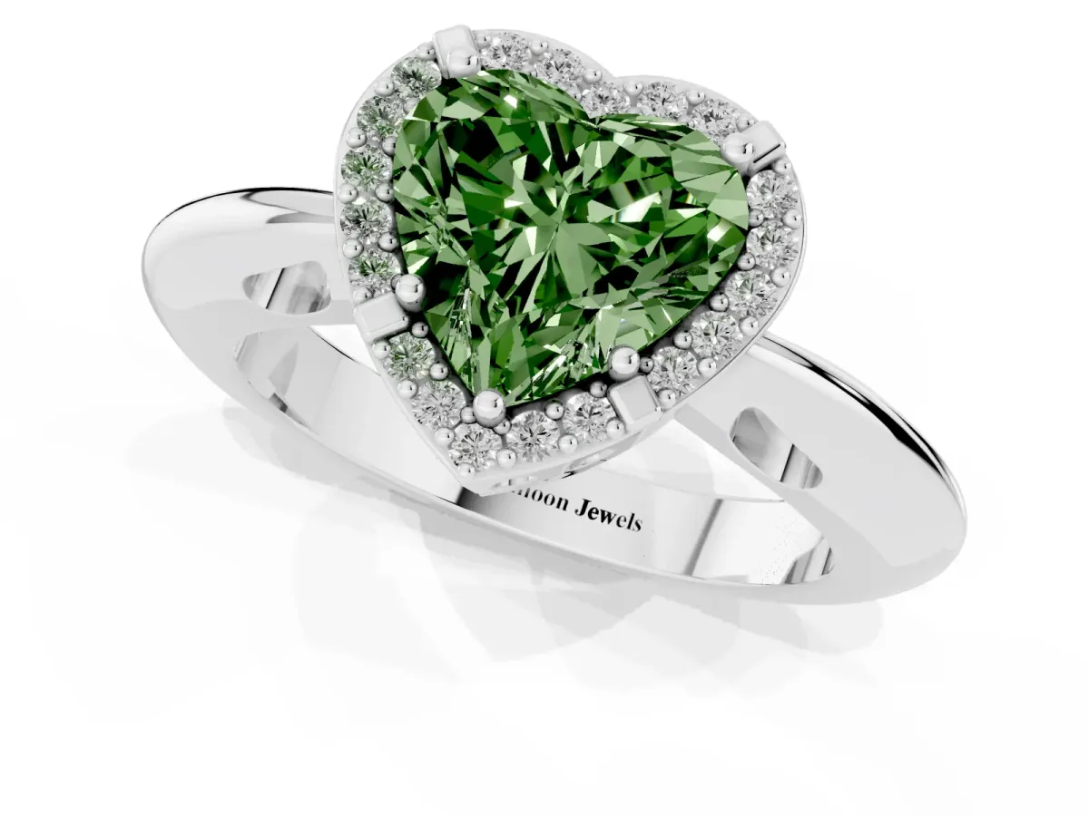 Fancy Green Heart Cut Cut Diamond Halo Engagement Ring with Split Shank and Four-Prong Setting Silver