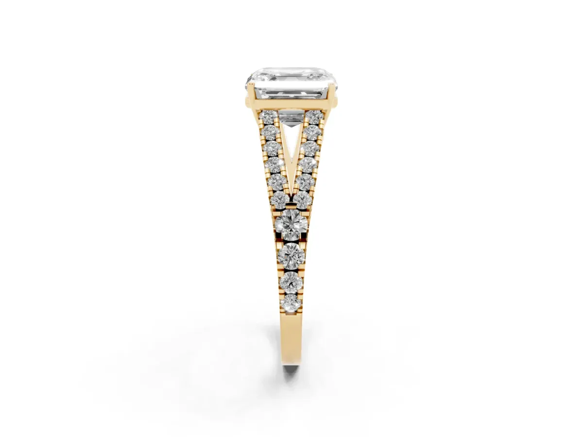 Asscher Cut Diamond Split Shank Pavé Engagement Ring with Four-Prong Setting Yellow gold