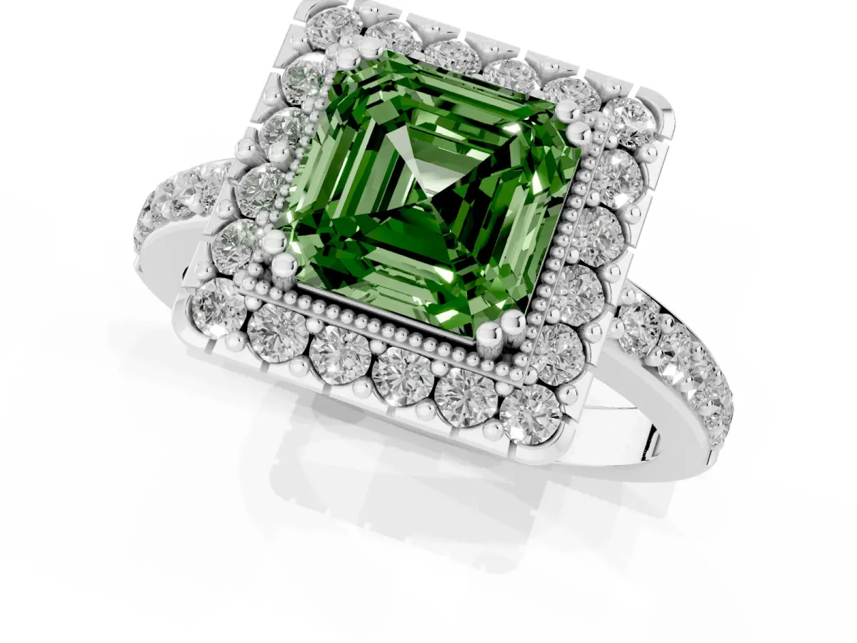 Fancy Green Asscher Cut Diamond Halo Ring with Pavé Band and Prong Setting White gold