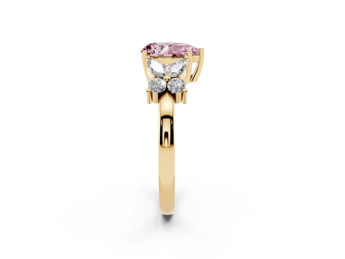 Fancy Pink Pear Cut Diamond Floral Cluster Ring with Solitaire Band and Prong Setting Yellow gold