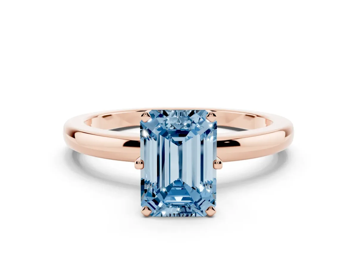 Fancy Blue Emerald Cut Solitaire Diamond Ring with Six-Prong Setting on a Classic Band Rose gold