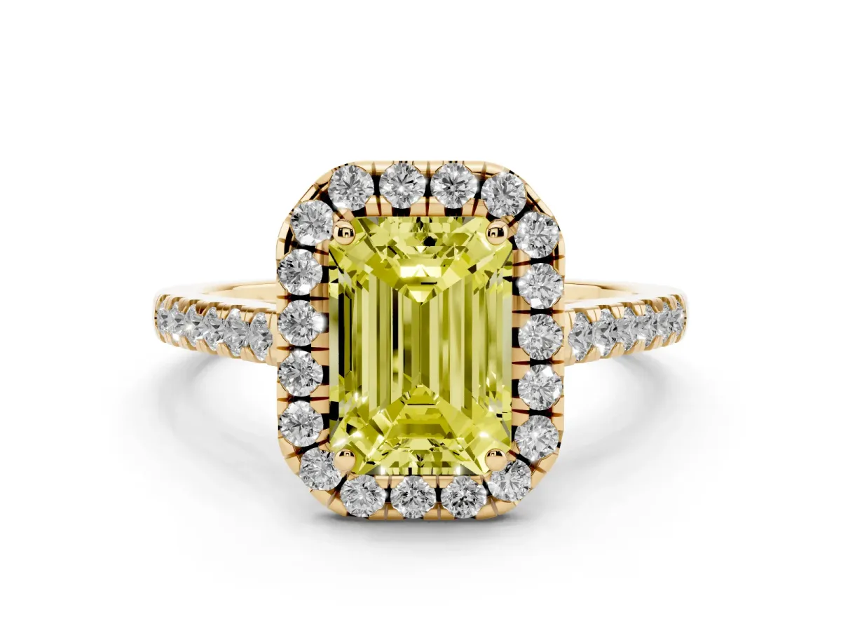 Fancy Yellow Emerald Cut Halo Pave Diamond Engagement Ring with Four-Prong Setting Yellow gold
