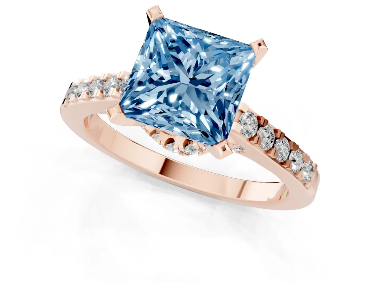 Fancy Blue Princess Cut Diamond Solitaire Ring with Crossover Gallery and Round Pavé Band Rose gold