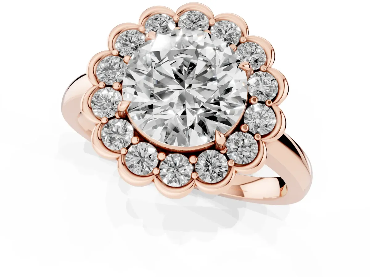 Round Cut Halo Cluster Diamond Engagement Ring with Solitaire Band and Prong Setting Rose gold