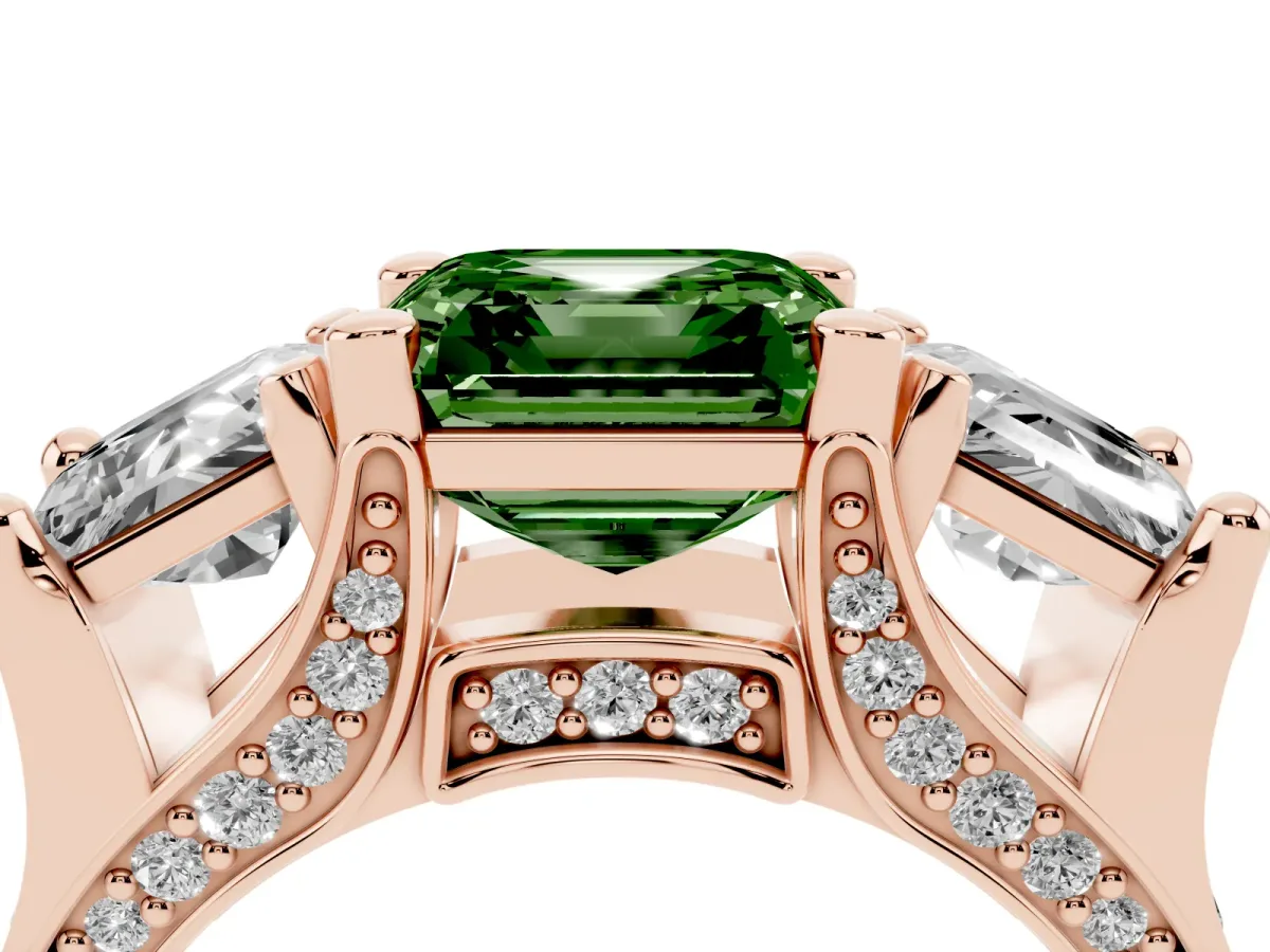 Fancy Green Asscher Cut Diamond Three-Stone Ring with Channel Set Band and Four-Prong Setting Rose gold