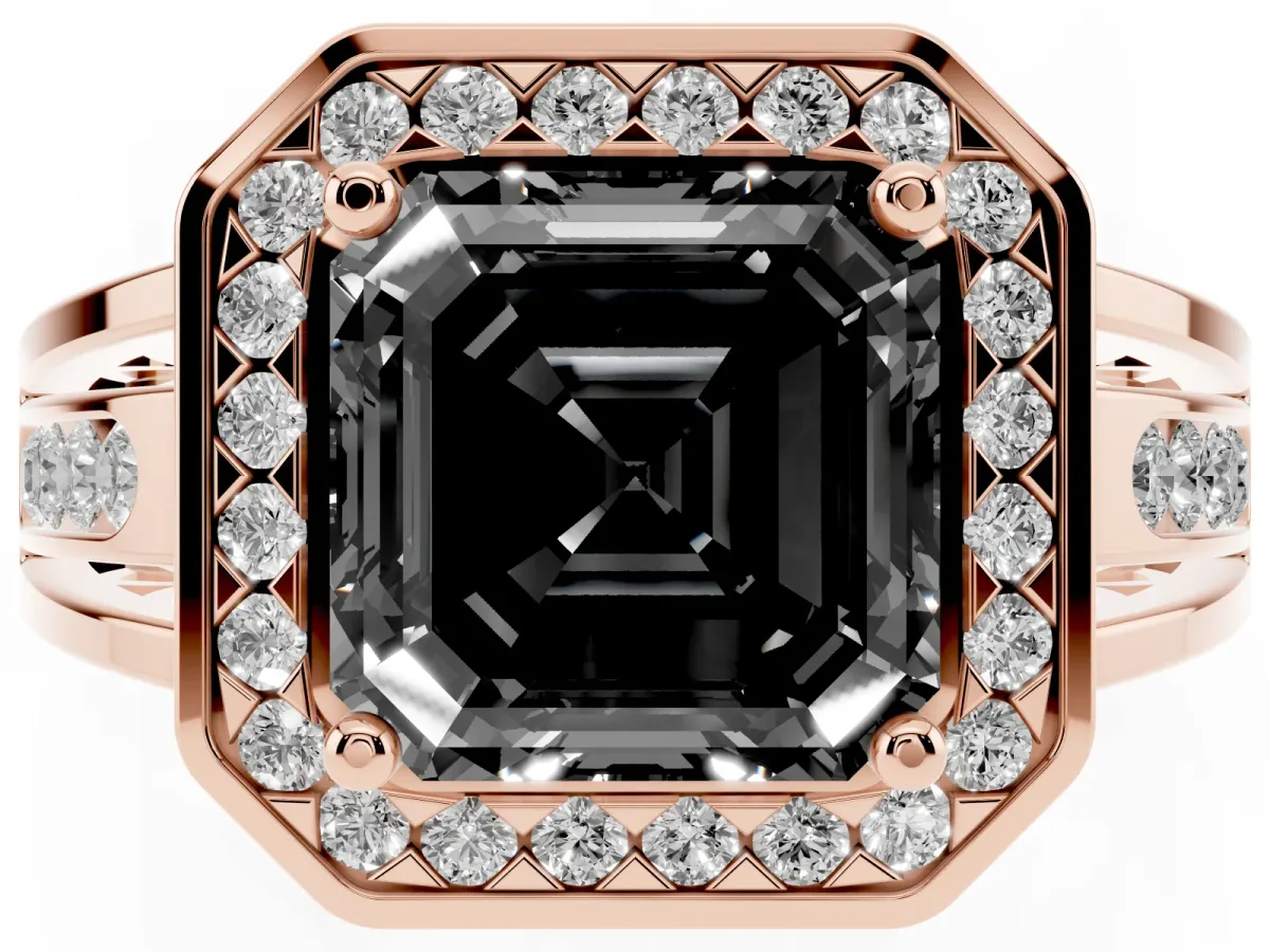 Fancy Black Asscher Cut Diamond Halo Ring with Split Shank and Bezel Accents and Prong Setting Rose gold