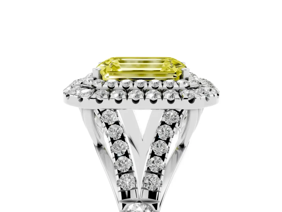 Fancy Yellow Emerald Cut Diamond Pavé Split Shank Double Halo Engagement Ring Platinum