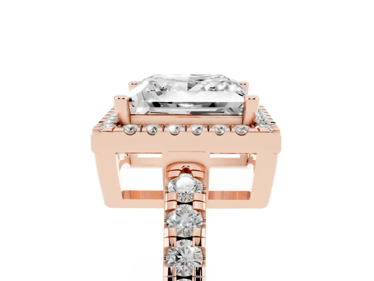 Princess Cut Diamond Halo Ring with Pavé Band and Four-Prong Setting Rose gold
