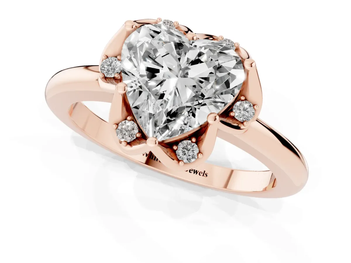 Heart Cut Halo Diamond Ring with Round Cluster Setting, Solitaire Band, and Four-Prong Setting Rose gold