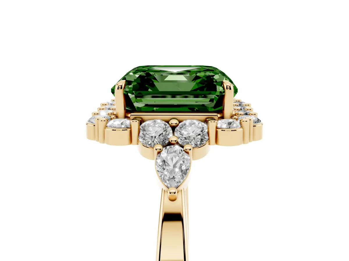 Fancy Green Asscher Cut Diamond Halo Ring with Pear Side Stones and Prong Setting Yellow gold