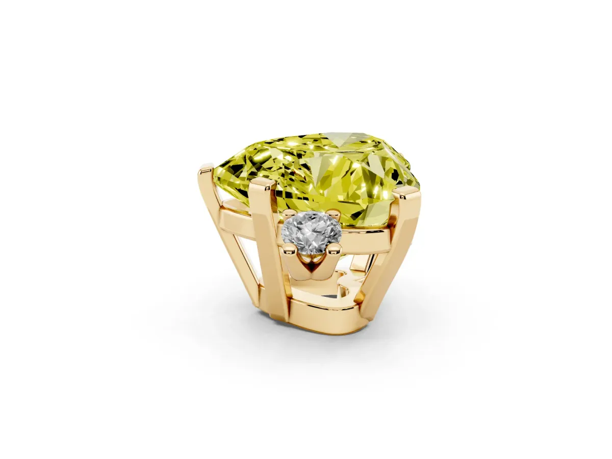 Fancy Yellow Heart Cut Cut Three-Stone Solitaire Ring with Round Accent Diamonds and Four-Prong Setting Yellow gold