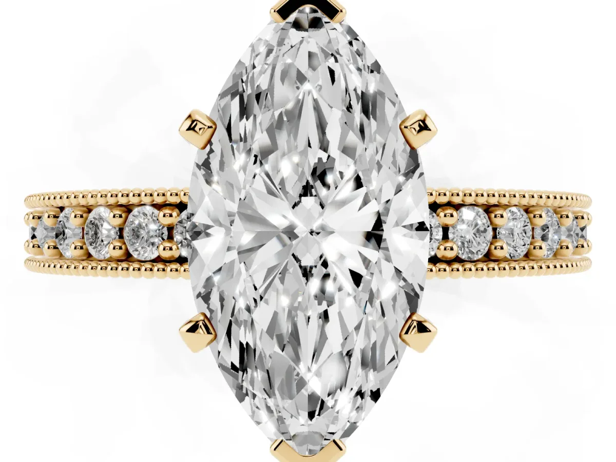 Marquise Cut Diamond Milgrain Pavé Engagement Ring with Four-Prong Setting Yellow gold