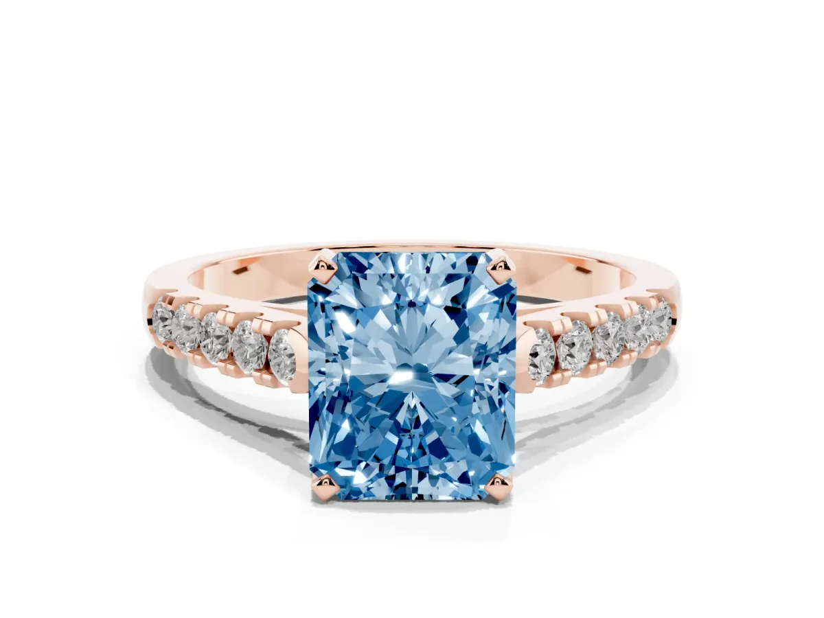 Fancy Blue Radiant Cut Diamond Pavé Band Solitaire Ring with Prong Setting Rose gold