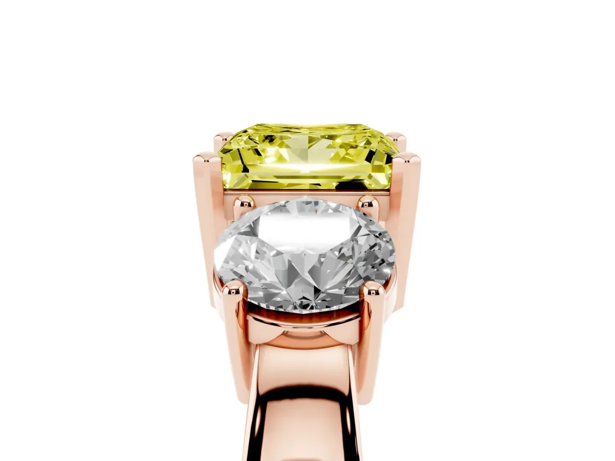 Fancy Yellow Three-Stone Princess Cut Diamond Ring with Round Side Stones, Classic Band, and Four-Prong Setting Rose gold