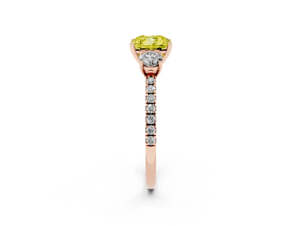 Fancy Yellow Three-Stone Cushion Cut Cut Diamond Pavé Band with Prong Setting Rose gold