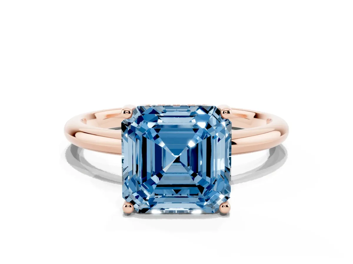 Fancy Blue Asscher Cut Cut Solitaire Engagement Ring with Four-Prong Setting and Classic Band Rose gold