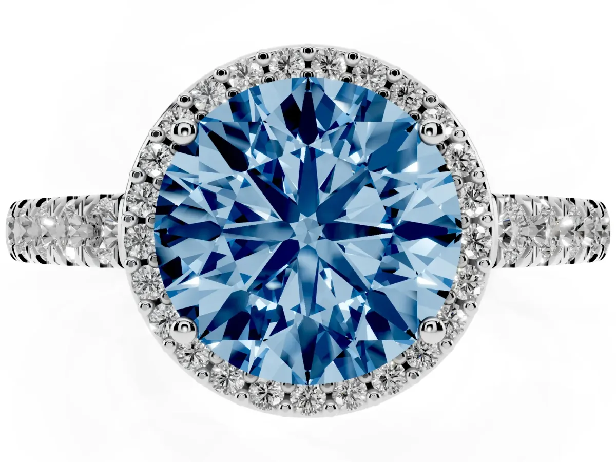 Fancy Blue Round Cut Cut Halo Diamond Engagement Ring with Pave Band and Four-Prong Setting Silver