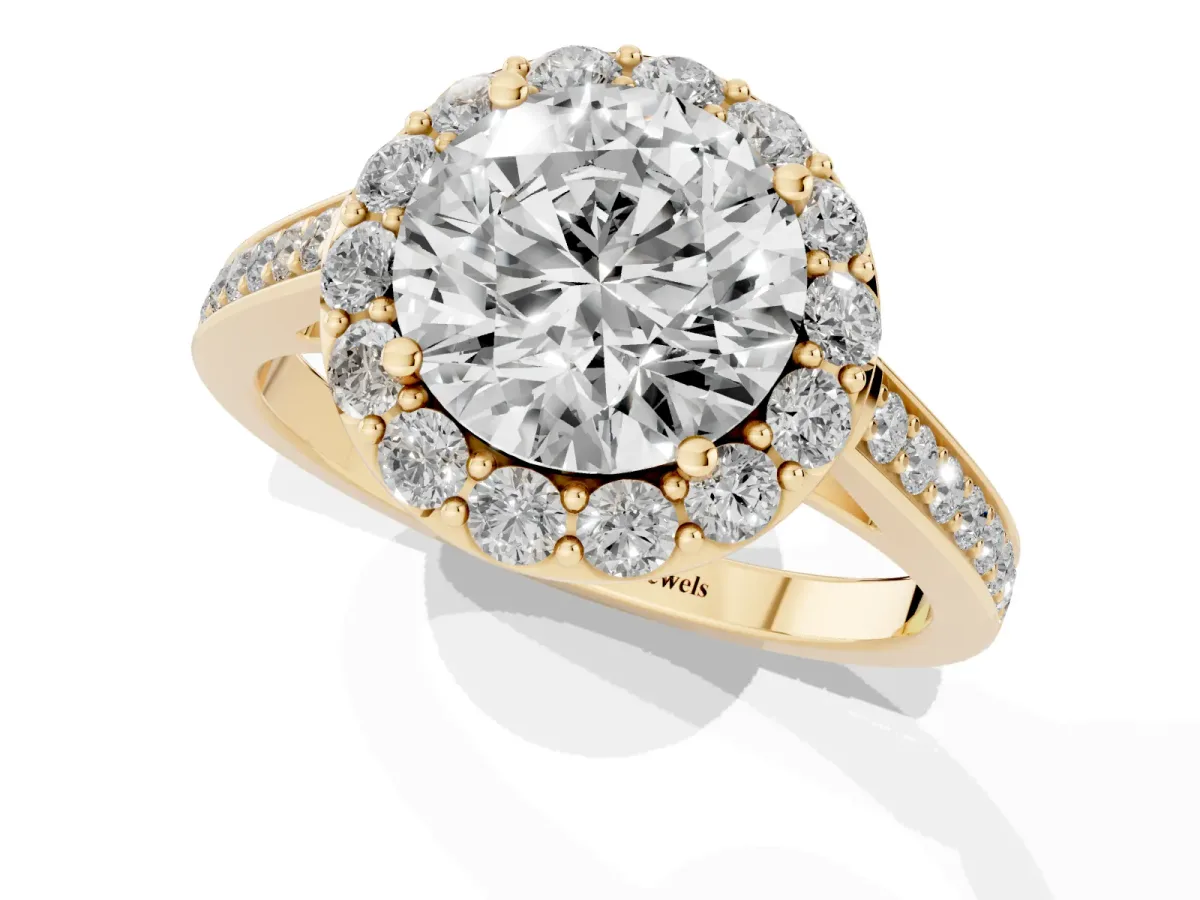 Round Cut Diamond Floral Halo Ring with Pavé Band and Prong Setting Yellow gold