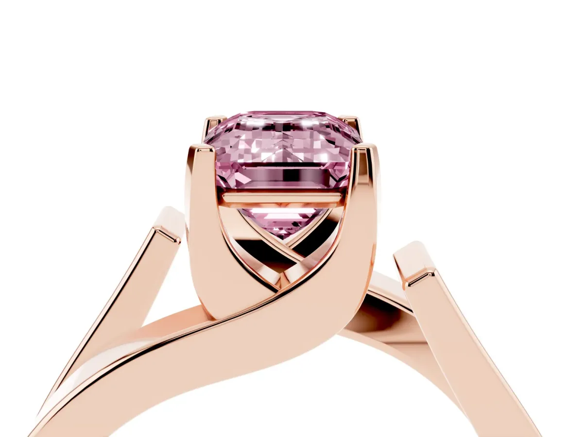 Fancy Pink Modern Tension Set Emerald Cut Diamond Solitaire Wide Band Ring Rose gold