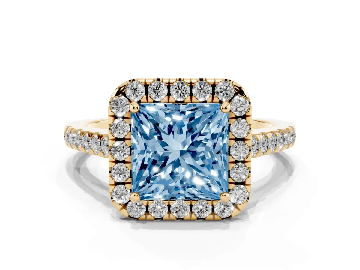 Fancy Blue Princess Cut Halo Pavé Diamond Engagement Ring with Four-Prong Setting Yellow gold