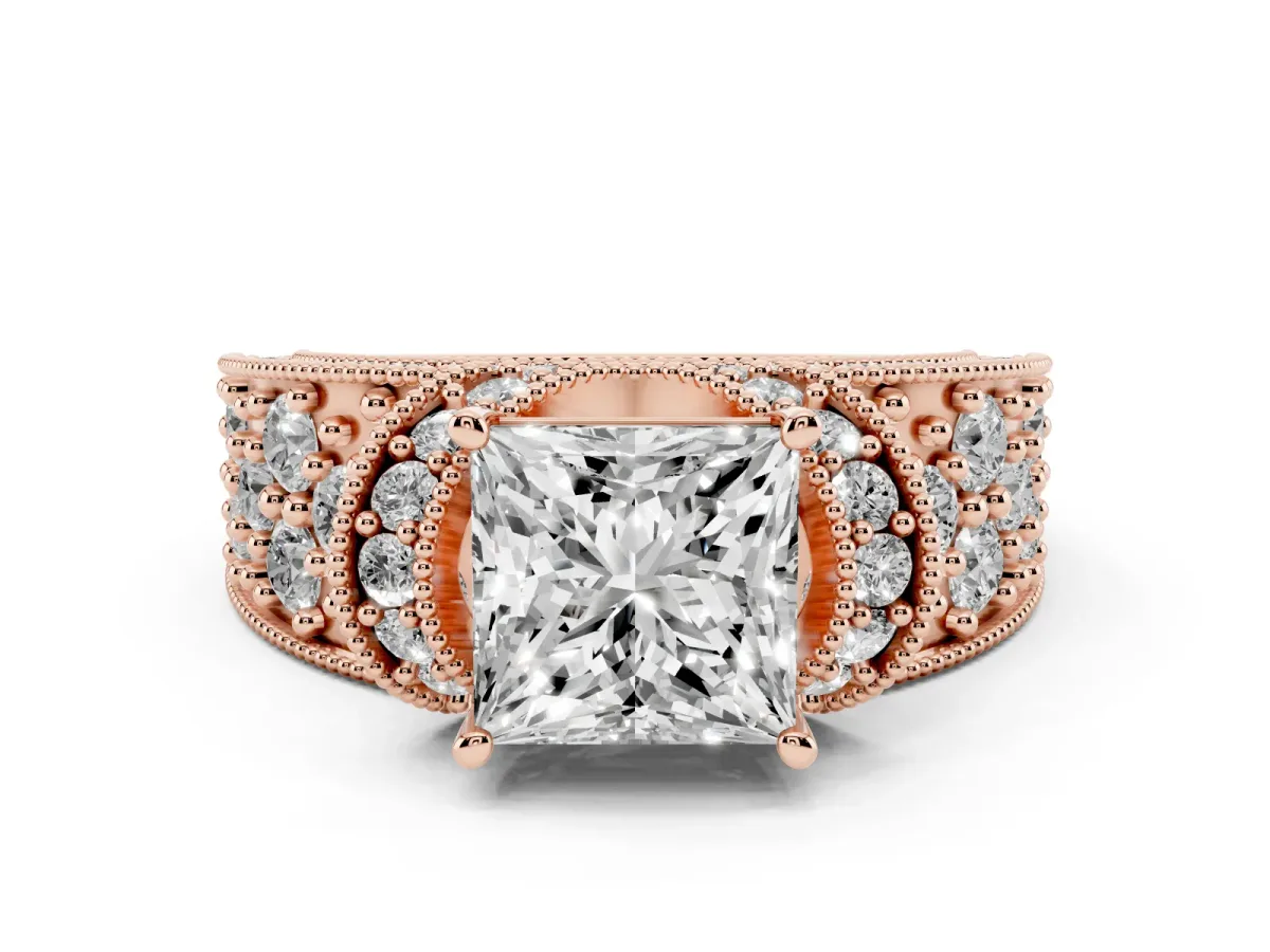 Princess Cut Halo Pave Diamond Engagement Ring with Milgrain Detailing Rose gold
