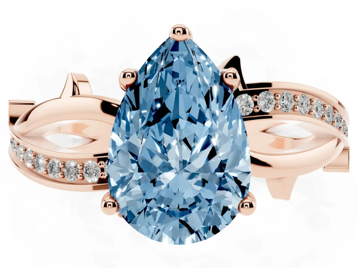 Fancy Blue Pear Cut Solitaire Twist Band with Pavé Accents and Four-Prong Setting Rose gold