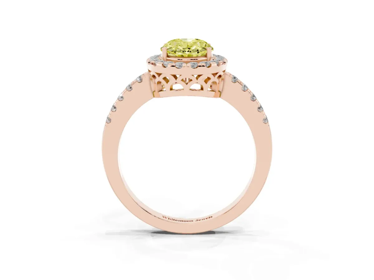 Fancy Yellow Oval Cut Halo Diamond Engagement Ring with Pavé Band and Four-Prong Setting Rose gold