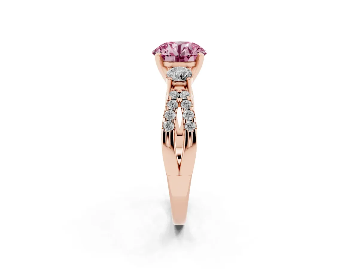 Fancy Pink Round Cut Diamond Three-Stone Ring with Pavé Split Shank and Four-Prong Setting Rose gold