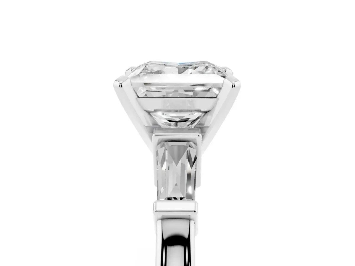 Princess Cut Cut Diamond Solitaire Ring with Tapered Baguette Accents and Four-Prong Setting Silver