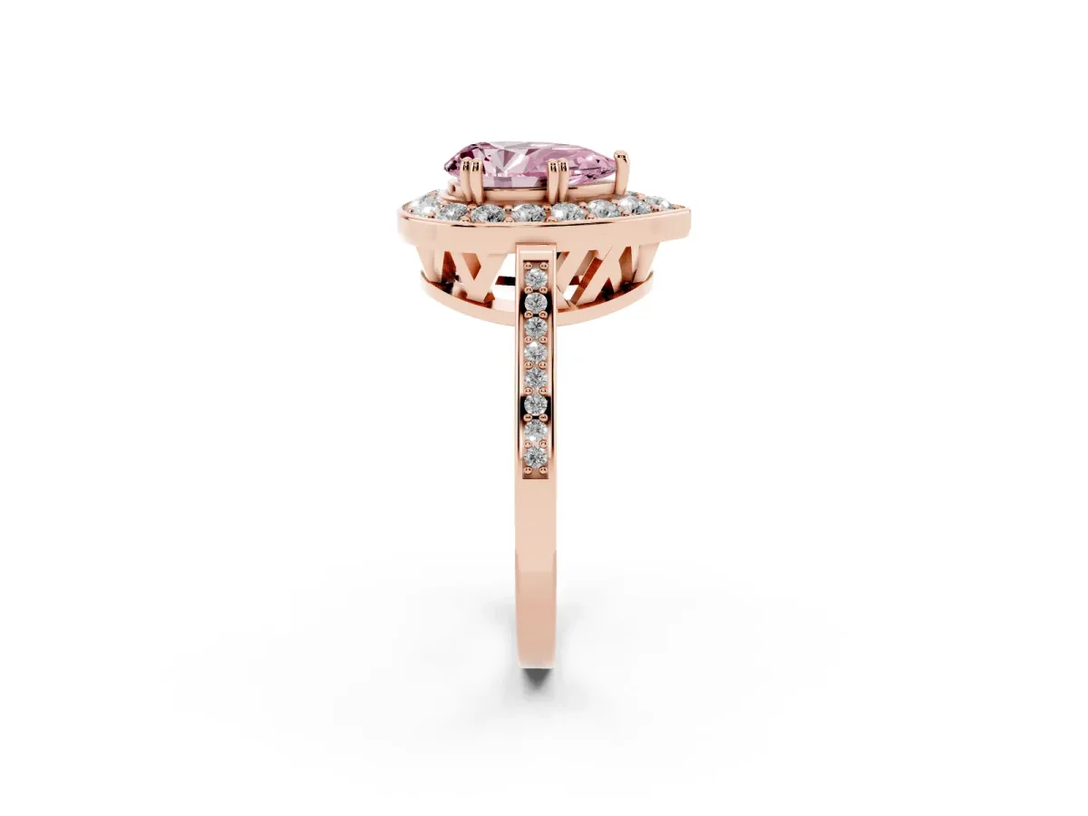 Fancy Pink Pear Cut Diamond Halo Ring with Split Shank and Four-Prong Setting Rose gold