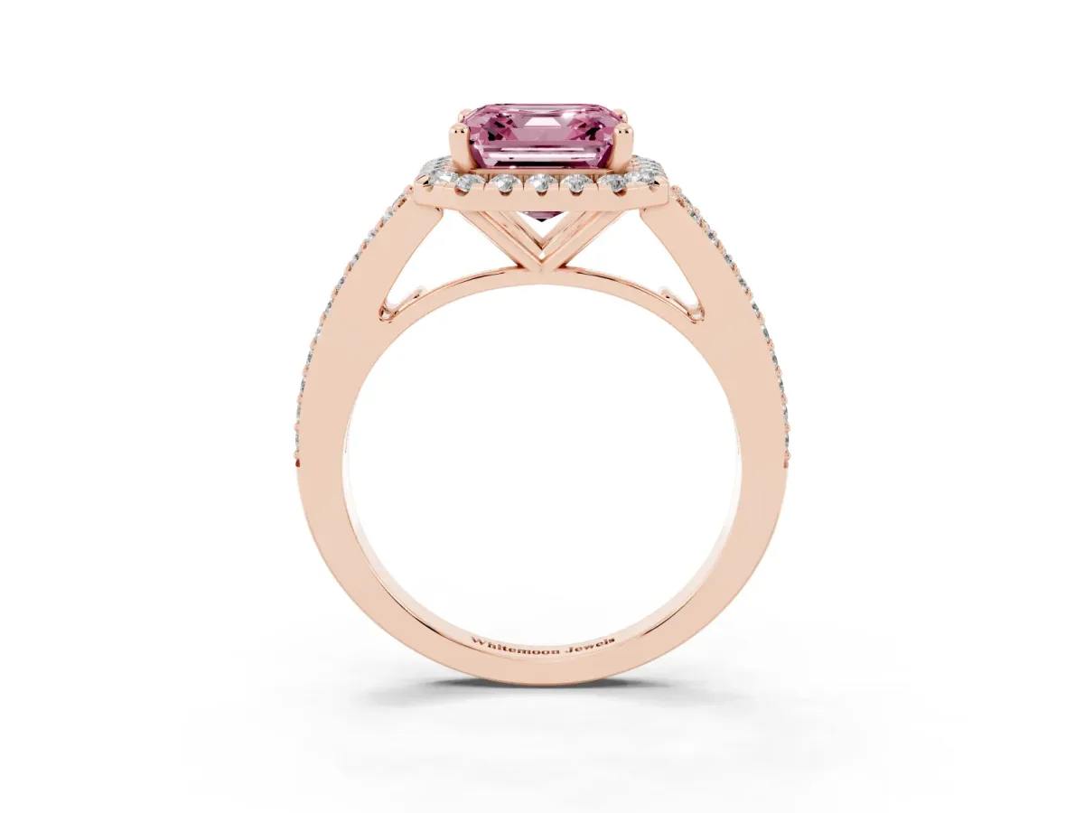 Fancy Pink Asscher Cut Halo Split Shank Diamond Ring with Prong Setting Rose gold