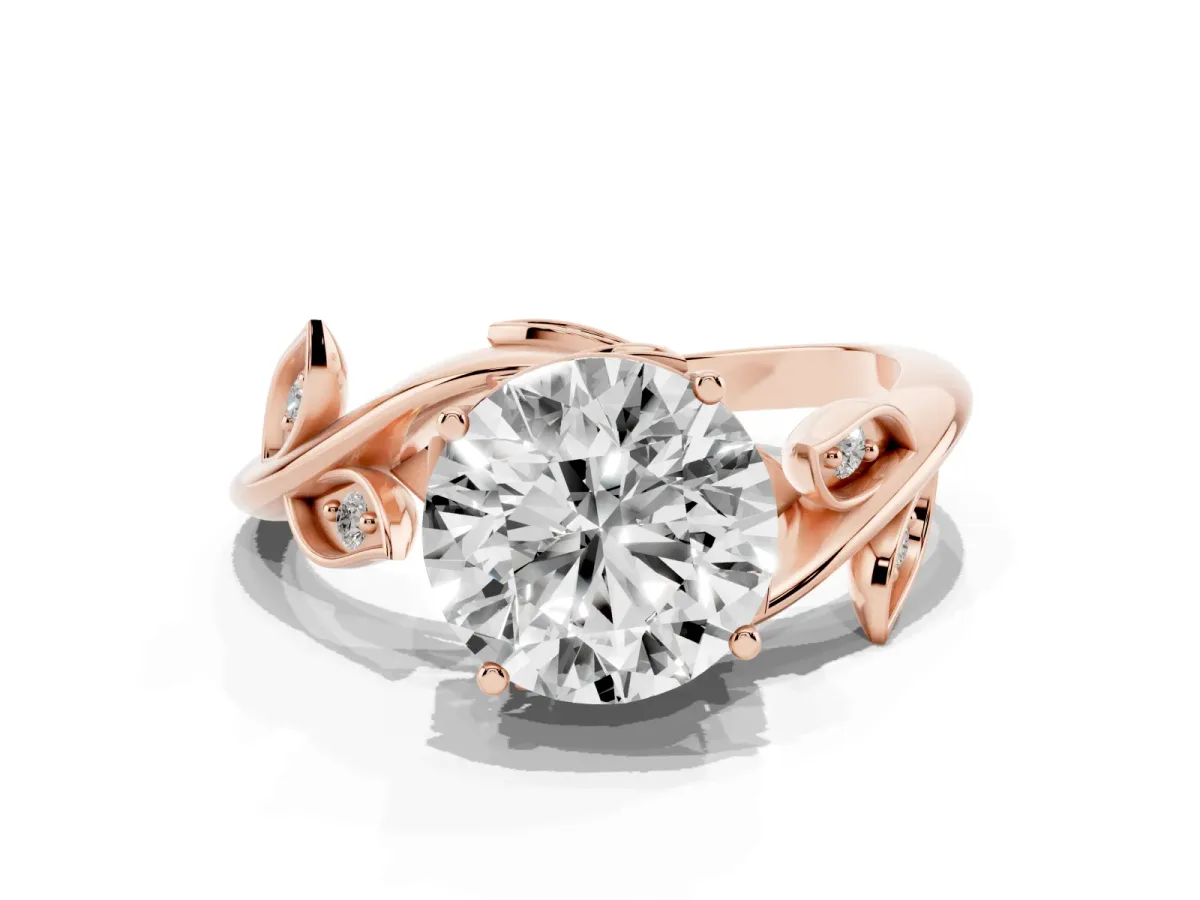Round Cut Solitaire Twist Engagement Ring with Leaf Accents and Prong Setting Rose gold