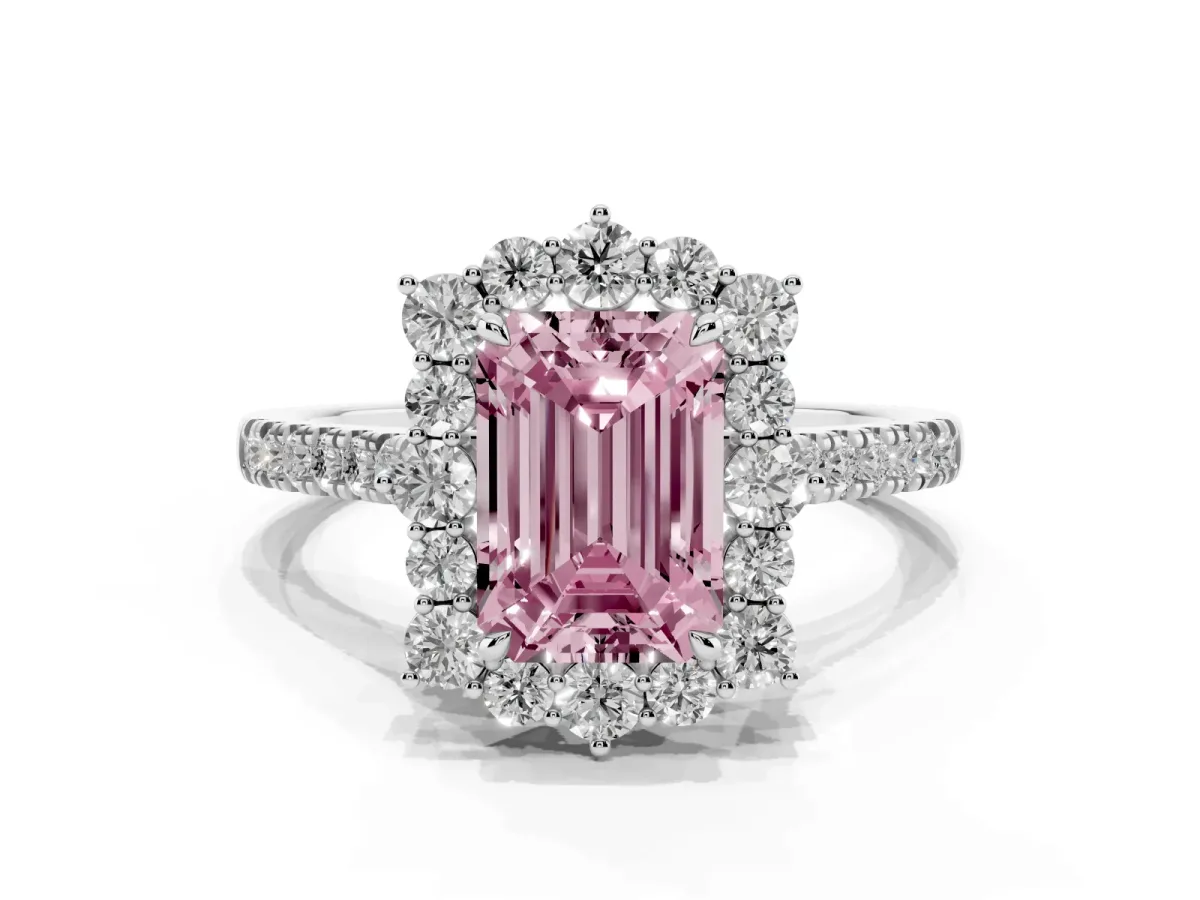 Fancy Pink Emerald Cut Halo Diamond Ring with Pavé Band and Prong Setting Silver