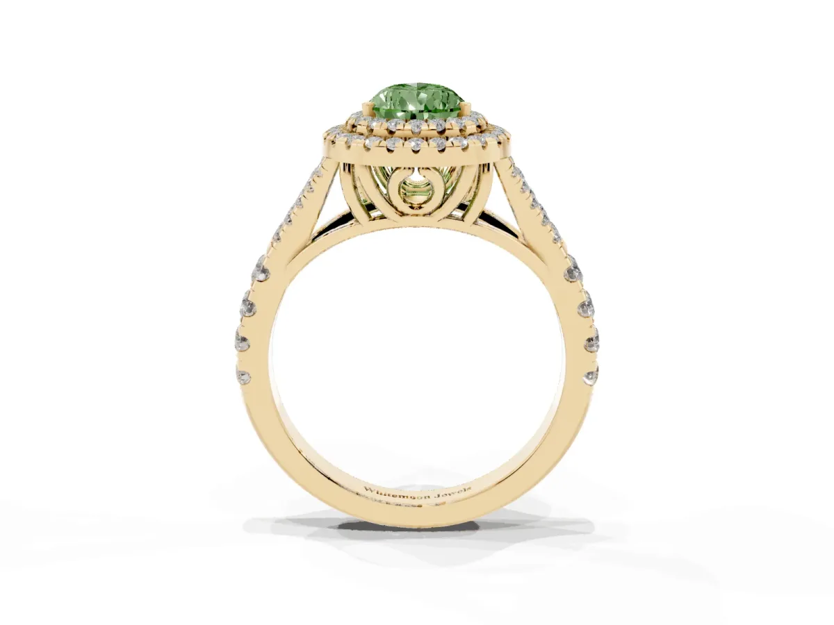 Fancy Green Pear Cut Cut Double Halo Split Shank Diamond Ring with Prong Setting Yellow gold
