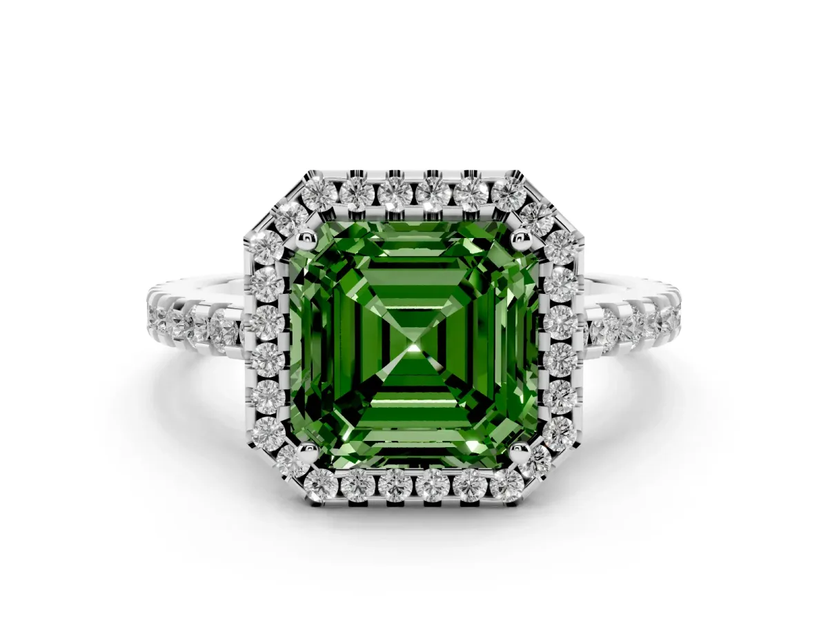Fancy Green Asscher Cut Diamond Halo Engagement Ring with Pavé Band and Prong Setting Platinum