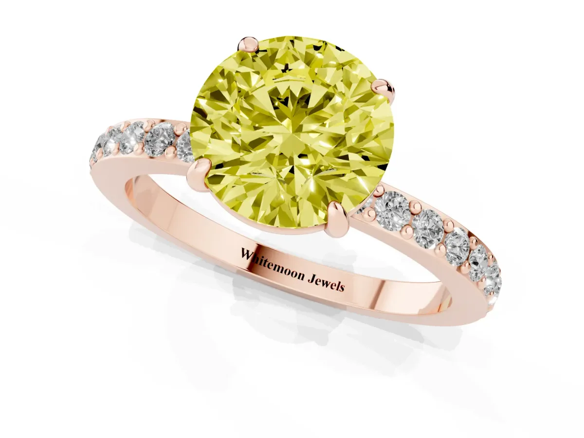 Fancy Yellow Round Cut Diamond Pavé Engagement Ring with Round Accents and Prong Setting Rose gold