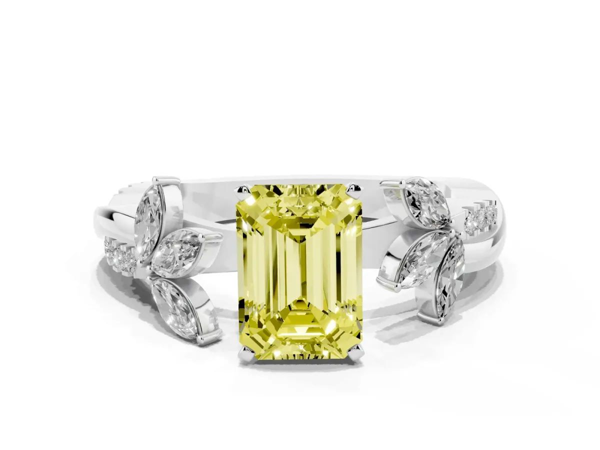 Fancy Yellow Emerald Cut Diamond Floral Vine Solitaire Engagement Ring Platinum