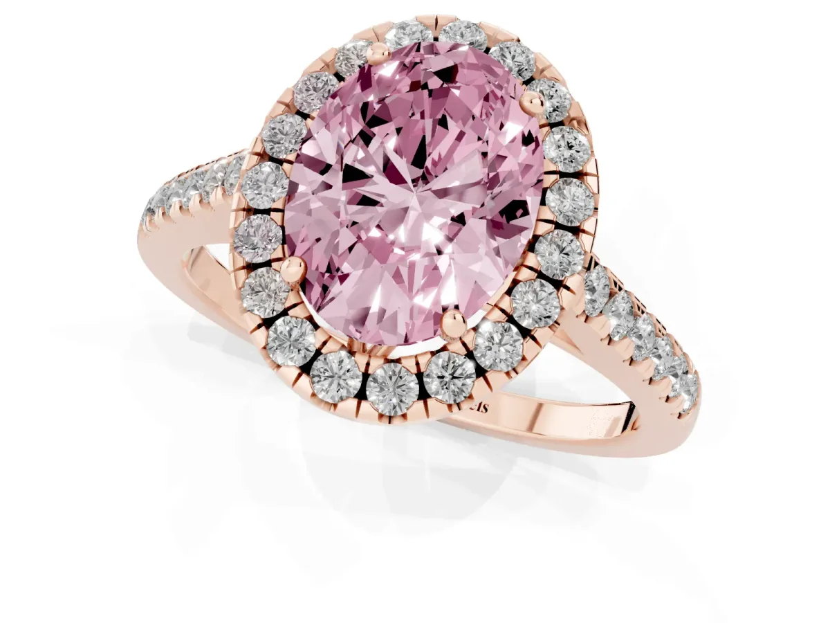 Fancy Pink Oval Cut Halo Pavé Diamond Engagement Ring with Four-Prong Setting Rose gold