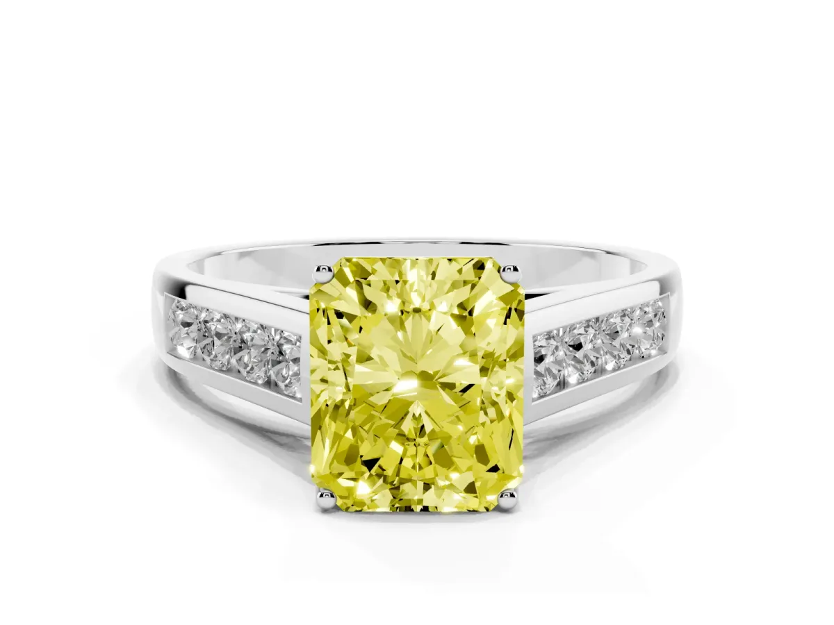 Fancy Yellow Radiant Cut Solitaire Channel-Set Diamond Engagement Ring with Four-Prong Setting Silver